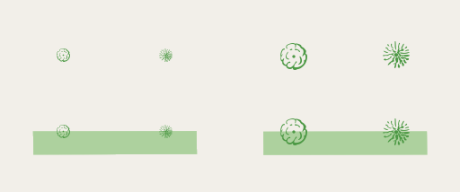 Tree depiction using line drawing symbols - left at normal scale (z19), right at double resolution rendering